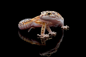 Eublepharis macularius pied female closeup on isolated background, Leopard gecko 