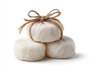 Three small, round, white rice cakes wrapped in thin white fabric and tied with twine, stacked in a pyramid against a white background