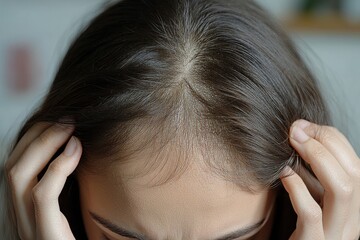 Fototapeta premium Hair loss problem, Asian woman looking at her scalp, worried about thinning hair and considering possible treatments, Generative AI