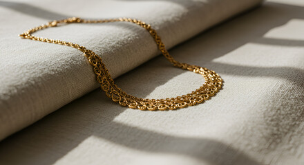 Gold necklace on beige fabric