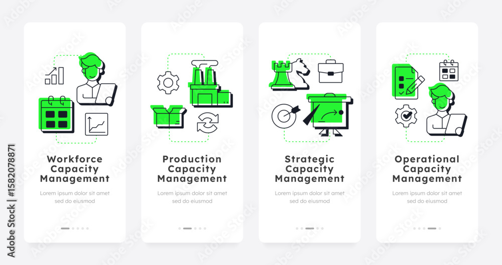 Poster types of capacity management mobile app onboarding screens. corporate resources optimization plannin