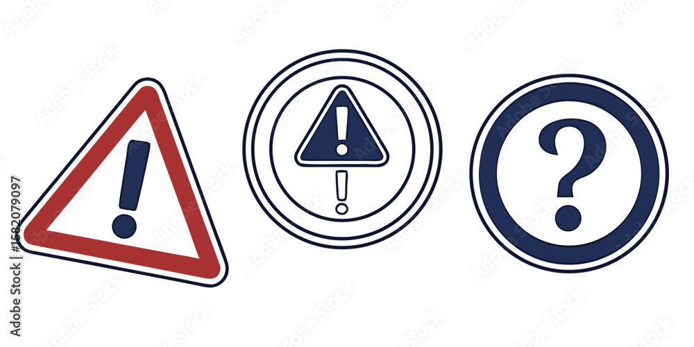 Poster collection of warning and question mark symbols isolated on white background