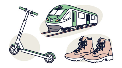 Naklejka premium Electric scooter train and boots for travel and commuting isolated on white background