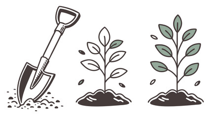 Gardening tools and plant growth stages isolated on white background