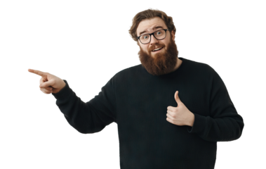 Cheerful bearded man pointing sideways with thumbs up, isolated on transparent cutout background
