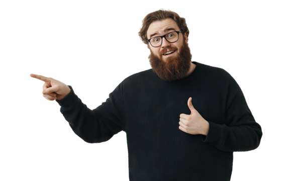Cheerful bearded man pointing sideways with thumbs up, isolated on transparent cutout background