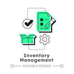 Inventory management modern linear concept icon. Forecasting production needs. Benefit of capacity regulation. Flat outline elements connected with dotted lines. Creative visual. Easy to edit