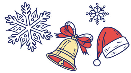 Christmas icons featuring snowflakes bell and santa hat isolated on white background