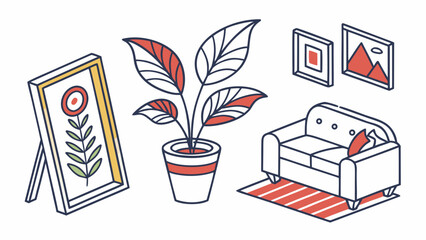 Cozy living room elements including a sofa potted plant and framed art isolated on white background