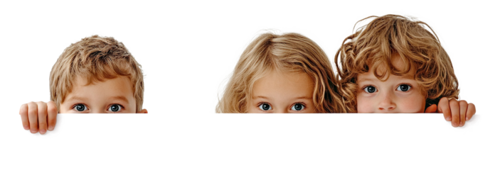 Group of curious children peeking over copy space, isolated on transparent cutout background