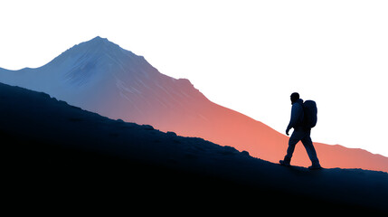Fototapeta premium Ascending the Heights: A lone hiker ascends a steep mountain slope silhouetted against a dramatic, colored sky, evoking feelings of courage and self-reliance in pursuit of peak performance.
