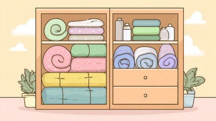 Fototapeta premium Colorful storage cabinet filled with textiles