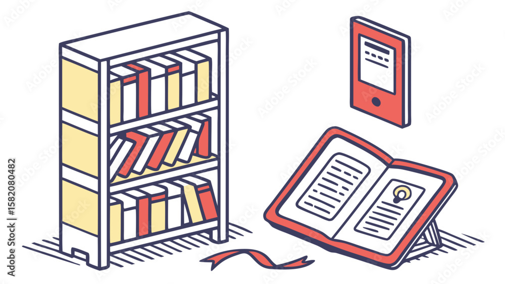 Aufkleber isometric illustration of a bookshelf open book and e reader isolated on white background