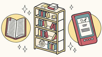 Illustration of a bookshelf an open book and an e reader isolated on white background