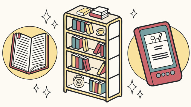 Illustration of a bookshelf an open book and an e reader isolated on white background