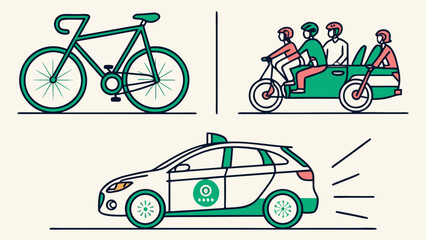 Naklejka premium Diverse transportation options including bicycle taxi and car isolated on white background