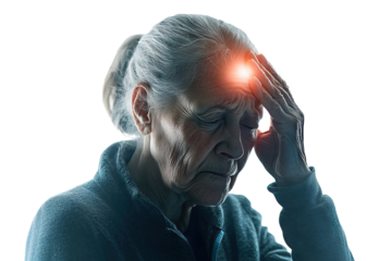 Elderly woman suffering from a severe headache, holding her forehead in pain, isolated on transparent cutout background