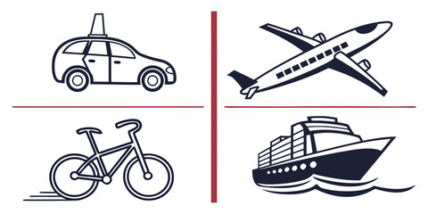 Collection of transportation icons including car airplane bicycle and ship isolated on white background