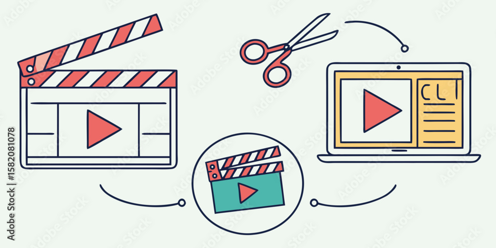 Poster video production workflow with clapperboard scissors and laptop isolated on white background