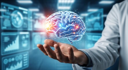 Glowing human brain hologram held by scientist science