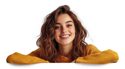 Smiling young woman leaning on copy space, isolated on transparent cutout background