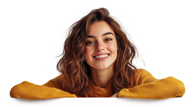 Smiling young woman leaning on copy space, isolated on transparent cutout background