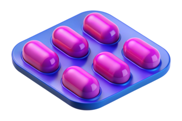 A pharmaceutical blister pack with six pink oval capsules isolated on transparent background