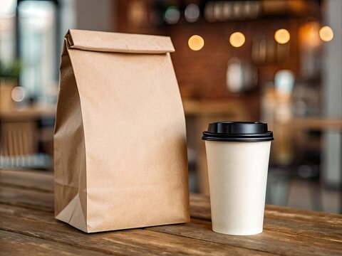 Paper bag and takeaway coffee cup mockup on rustic wood table in cozy cafe background