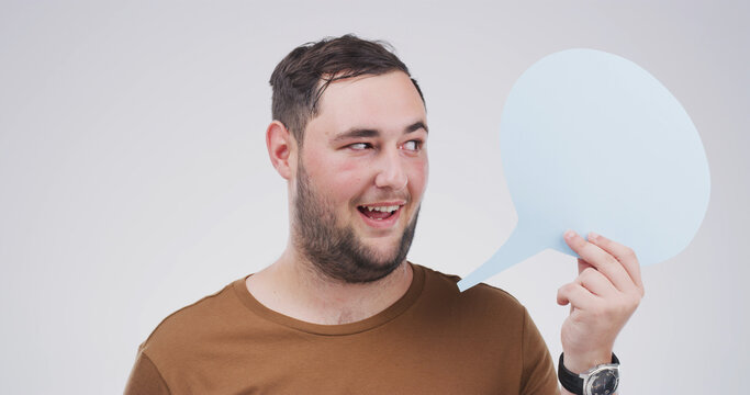 Man, speech bubble and idea mockup for communication, marketing or chat in studio. Approval, thinking and person with space for opinion isolated on white background for promotion, feedback or quote