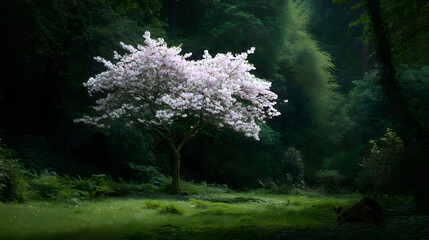 Blossoming Tree in a Green Forest: A solitary tree blooms gracefully amidst a serene forest, showcasing delicate pink blossoms against the backdrop of lush greenery.