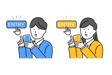 スマホのエントリーボタンを押す若い男性と女性のイラスト