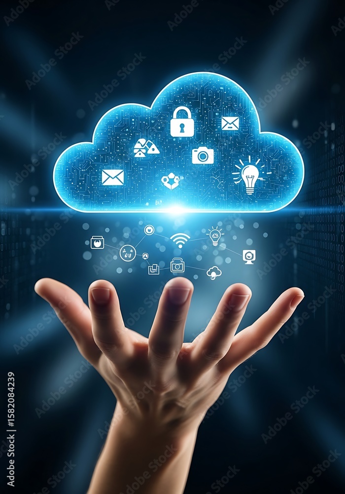 Poster digital cloud technology with icons cloud computing