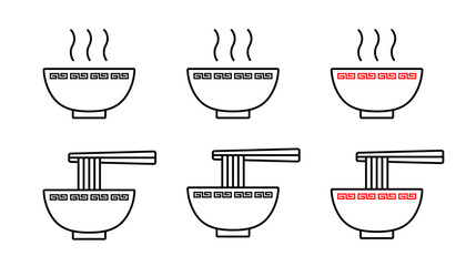 湯気が出ているラーメンと麺が箸で持ち上げられているラーメンのアイコンセット