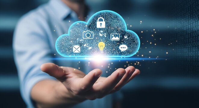 Digital cloud technology with icons and binary code