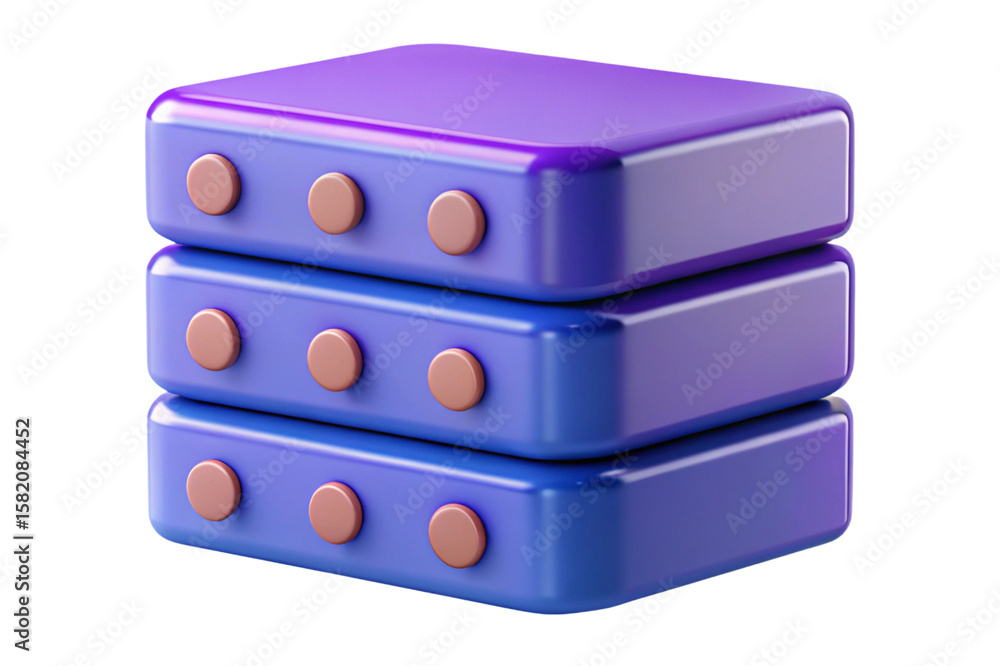 Poster stylized 3d stack of blue server racks with copper buttons isolated on transparent background