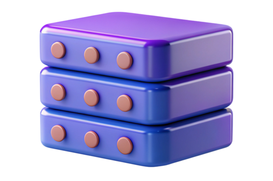 Stylized 3d stack of blue server racks with copper buttons isolated on transparent background