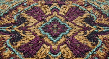 Intricate textile pattern featuring gold, purple and turquoise thread creates a symmetrical design ideal for backgrounds and decorative elements in various projects.