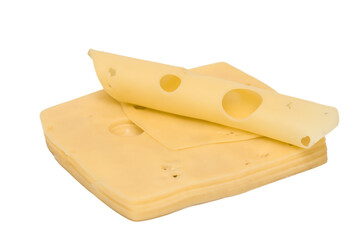 Isolated slices of yellow Swiss cheese with eyes