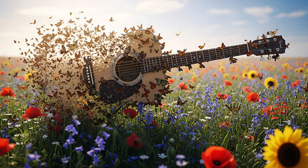 A guitar disintegrates into a swarm of butterflies amidst a vibrant wildflower meadow.