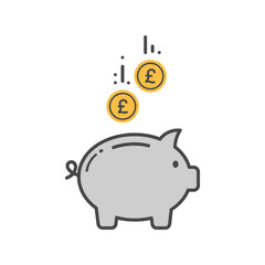  Piggy Bank with Falling Pound Coins, Financial Savings, Investment, Economic Growth Illustration
