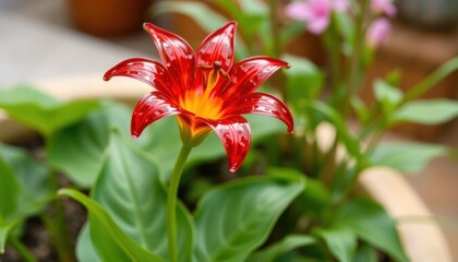 Close-up of a vibrant red and yellow flower with green foliage and blurred background
