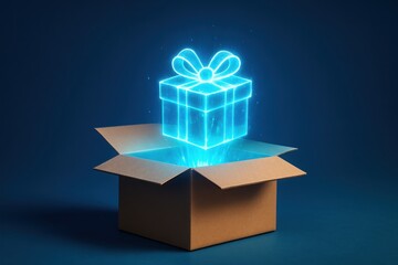 Open cardboard box with glowing holographic gift box ideal for digital commerce promotions festive campaigns and virtual unboxing visuals