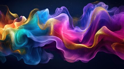 Abstract, flowing, vibrant colors, gold glitter, smoke-like textures