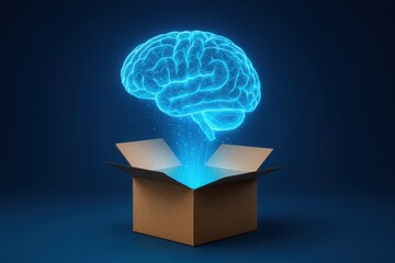 Open cardboard box with glowing brain hologram symbolizing artificial intelligence creativity innovation and digital thinking in futuristic tech design