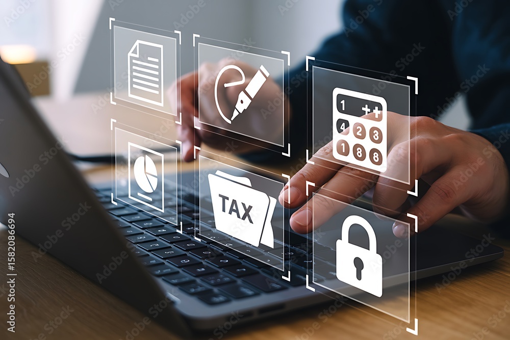 Poster hands typing on laptop with digital interface icons for finance and security image
