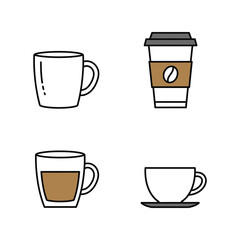 Coffee Cup Outline Icons Set, Takeaway Mugs, Drinkware, Beverage, Cafe, Restaurant Symbols