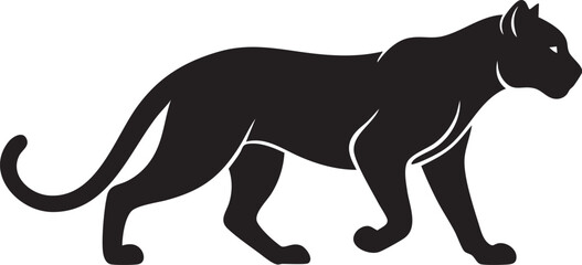 Obraz premium Sleek black panther silhouette walking confidently with a curved tail and alert ears against a clean white background