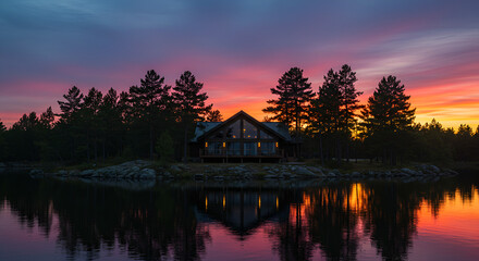 Fototapeta premium Lakeside cabin at sunset