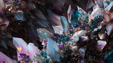 an intricate crystalline structure forming beautifully in shimmering colors on one side, violently shattering into shards on the other side, symbolizing the dual forces of creation and destruction, 