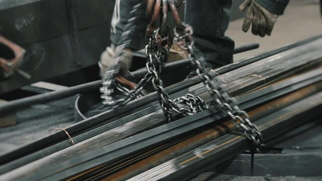 Workers rigging steel beams with chains for overhead crane lifting in factory.